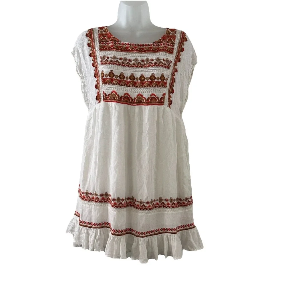 Free People Dress XS Sunrise Wanderer Mini Dress Embroidered Floral Boho Peasant